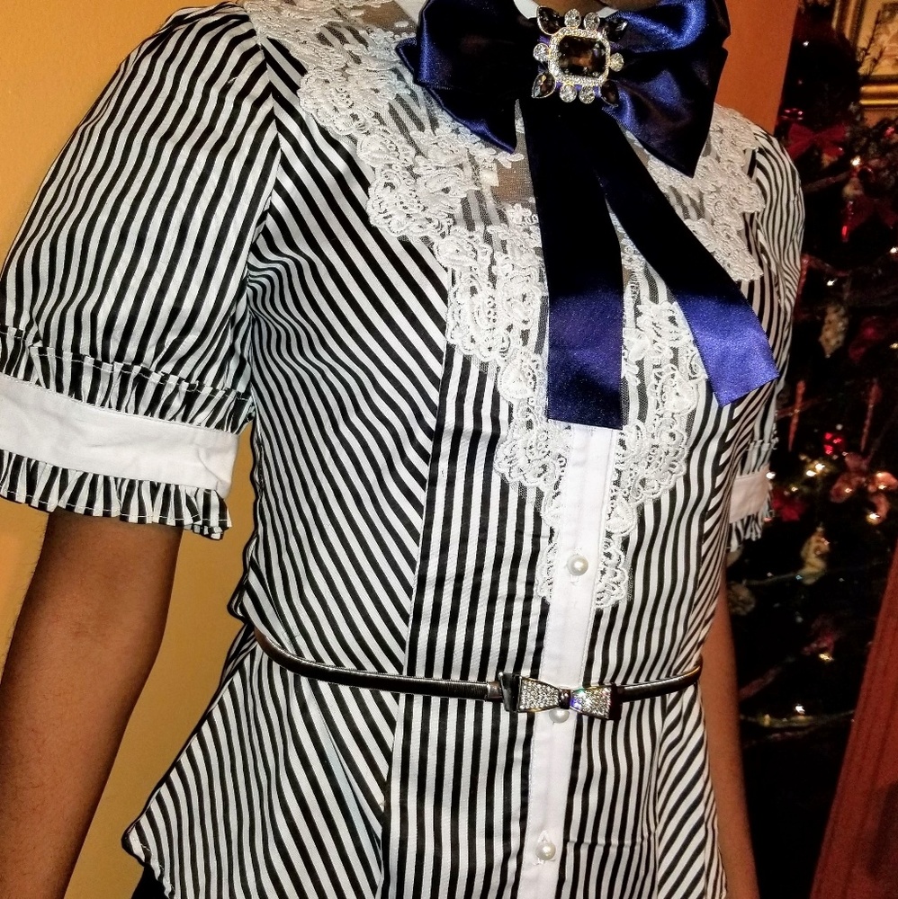 Pintstripe blouse with lace trim